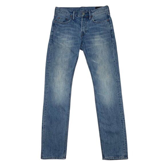 AllSaints Mens Iggy Fit Jeans 28 Blue Mid Rise Slim Leg Button Fly Distressed - Picture 1 of 12